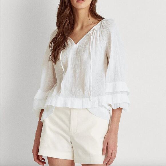 Lauren Ralph Lauren Black Label White Ruffle Gauze Sheer Sexy Blouse Cotton Sz S - Picture 1 of 16
